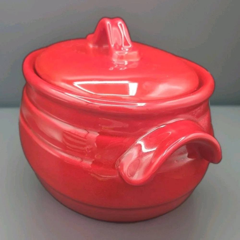 Celebrating Home Stoneware Collection Bean Pot Red Casserole Dish Covered Lid